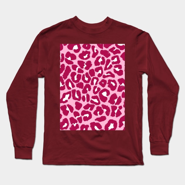 Large, Burgundy Leopard Spots on Pink Long Sleeve T-Shirt by OneThreeSix